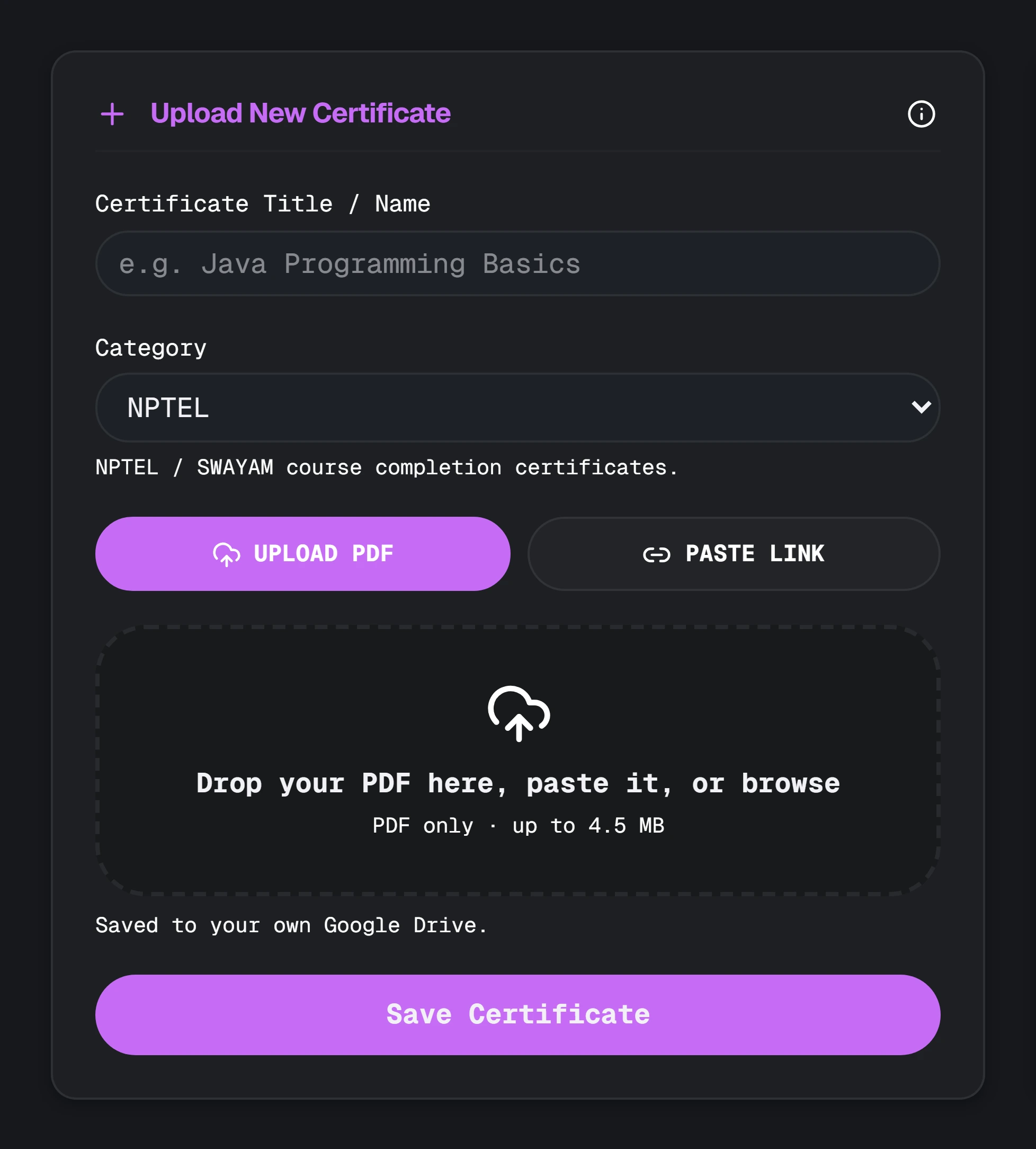 The upload card: certificate title, an NPTEL category, upload PDF or paste link, and a drop zone capped at 4.5 MB.