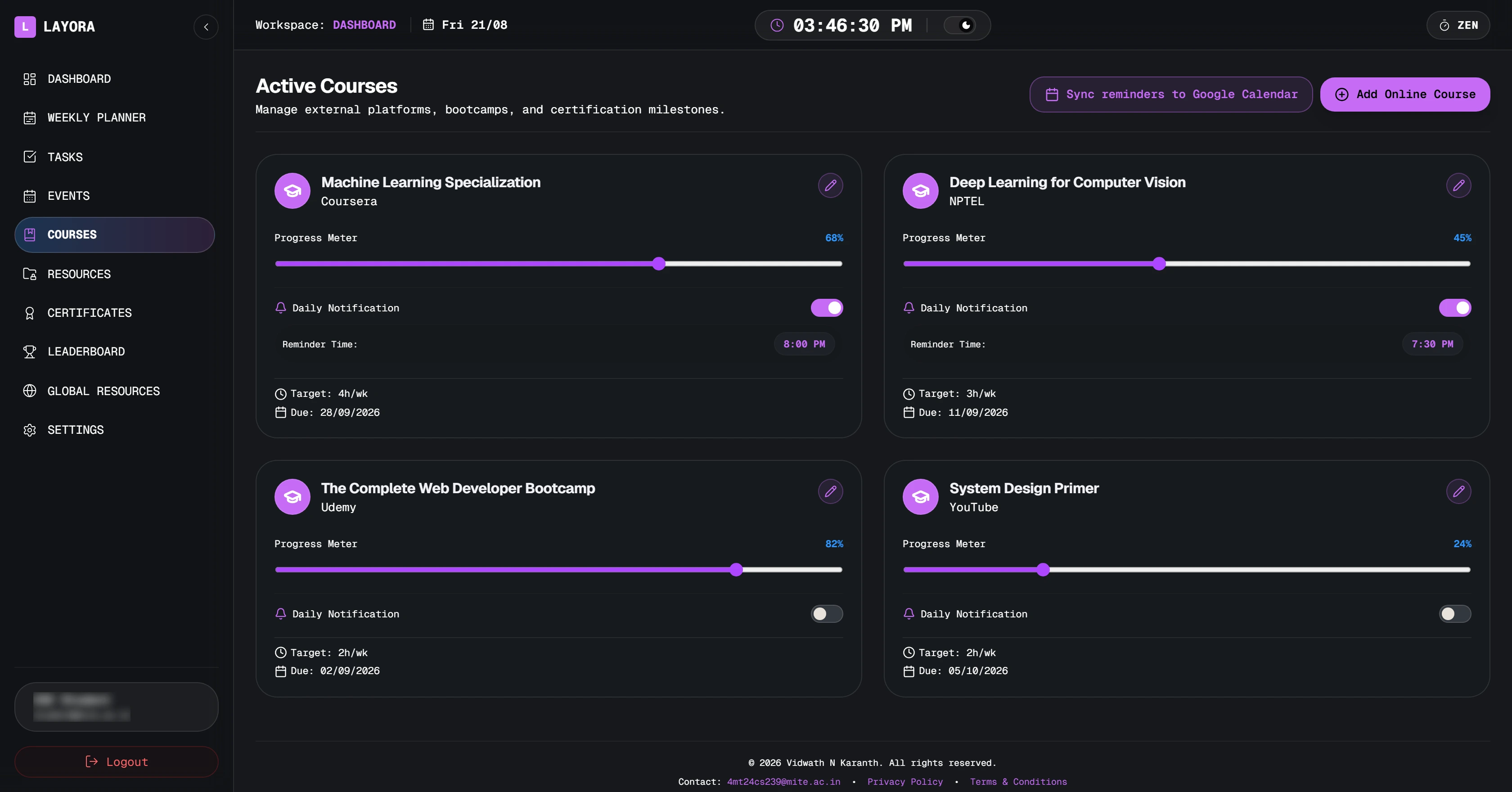 The courses page with progress meters for four online courses.