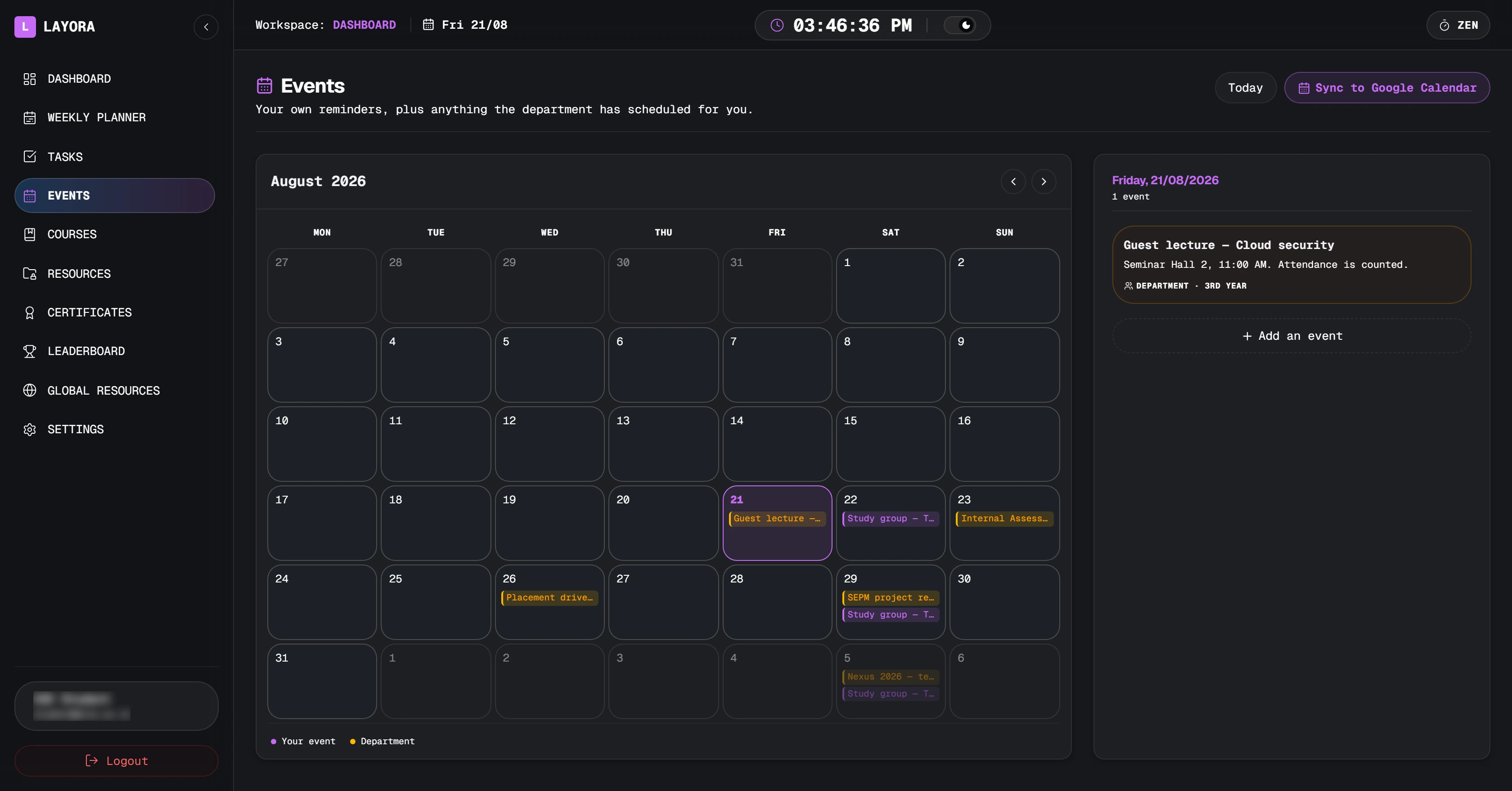The events month grid for August with department events in amber and personal reminders in violet.