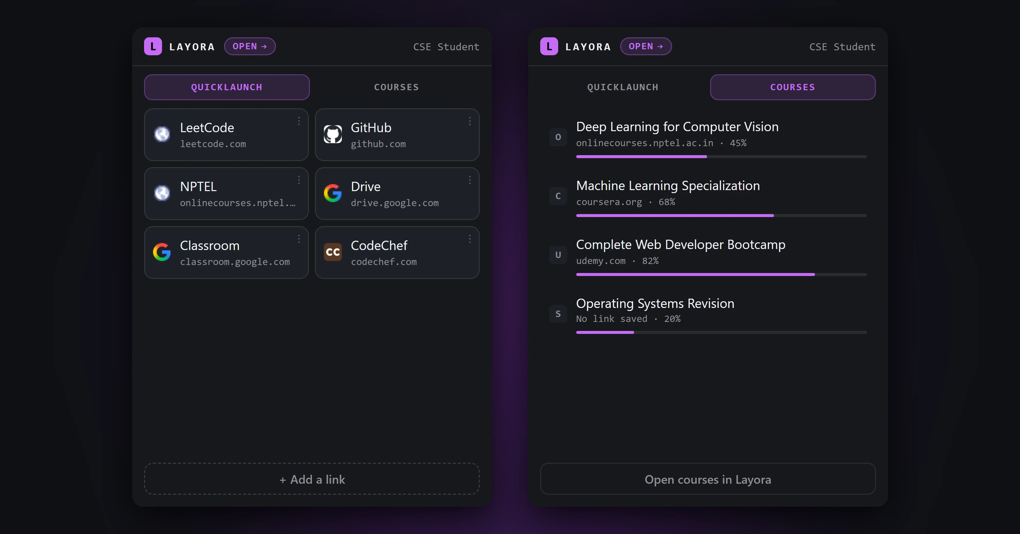 The Layora extension popup, twice: the quick launcher grid with LeetCode, GitHub, NPTEL, Drive, Classroom and CodeChef, and the courses tab with progress meters.