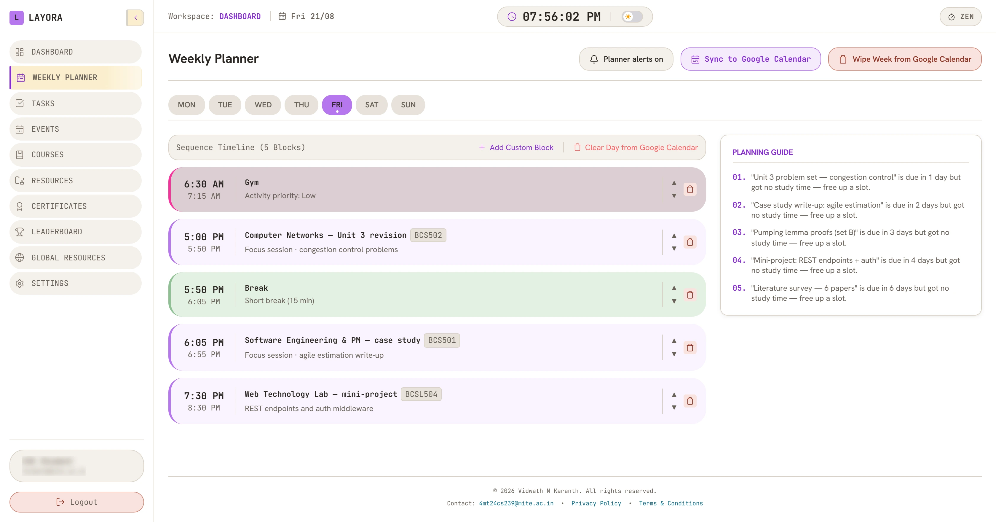 The weekly planner in light mode: warm paper background with violet study blocks and a green break.