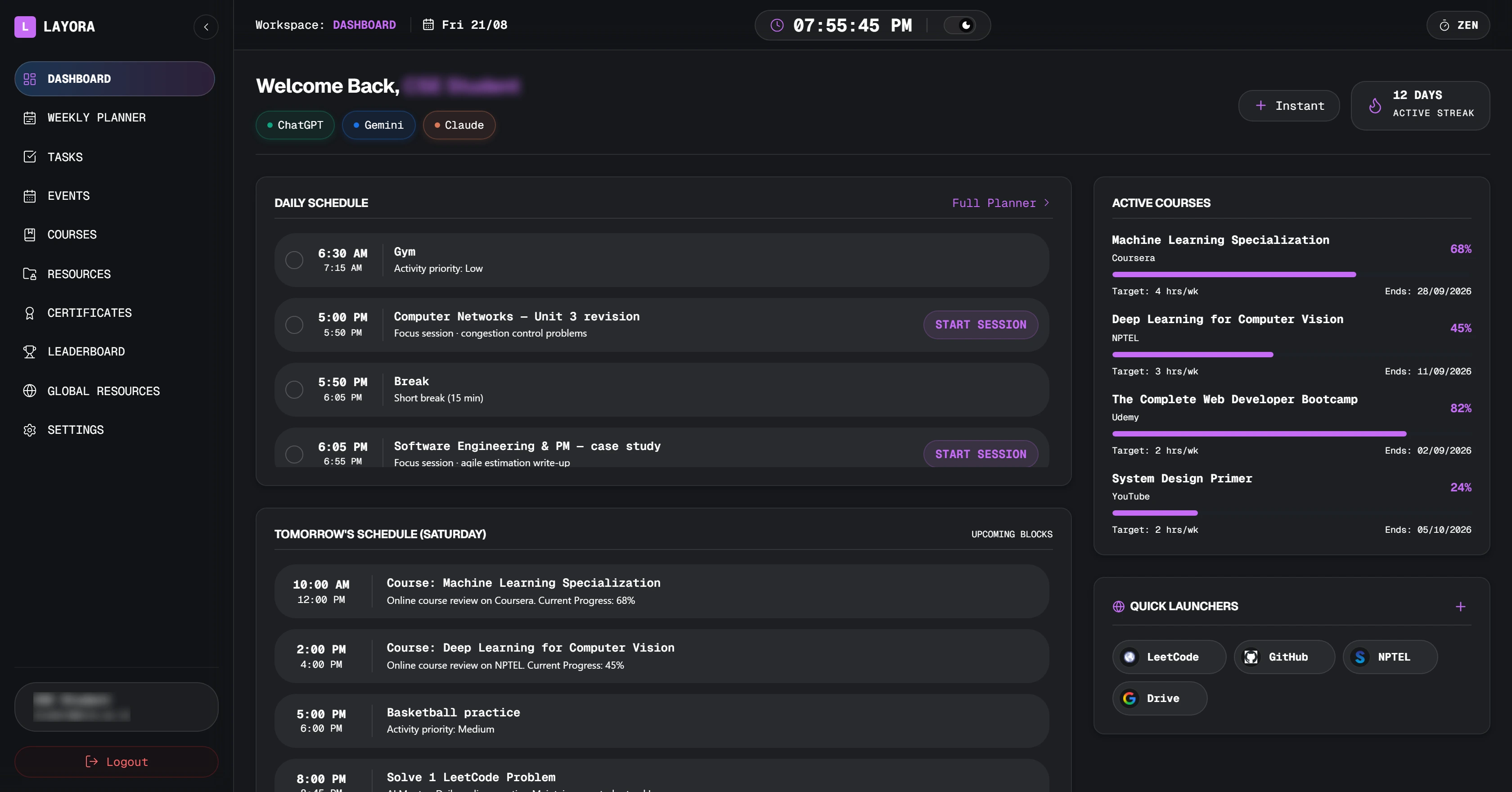 The Layora dashboard: today's schedule, active courses with progress meters, and quick launchers.