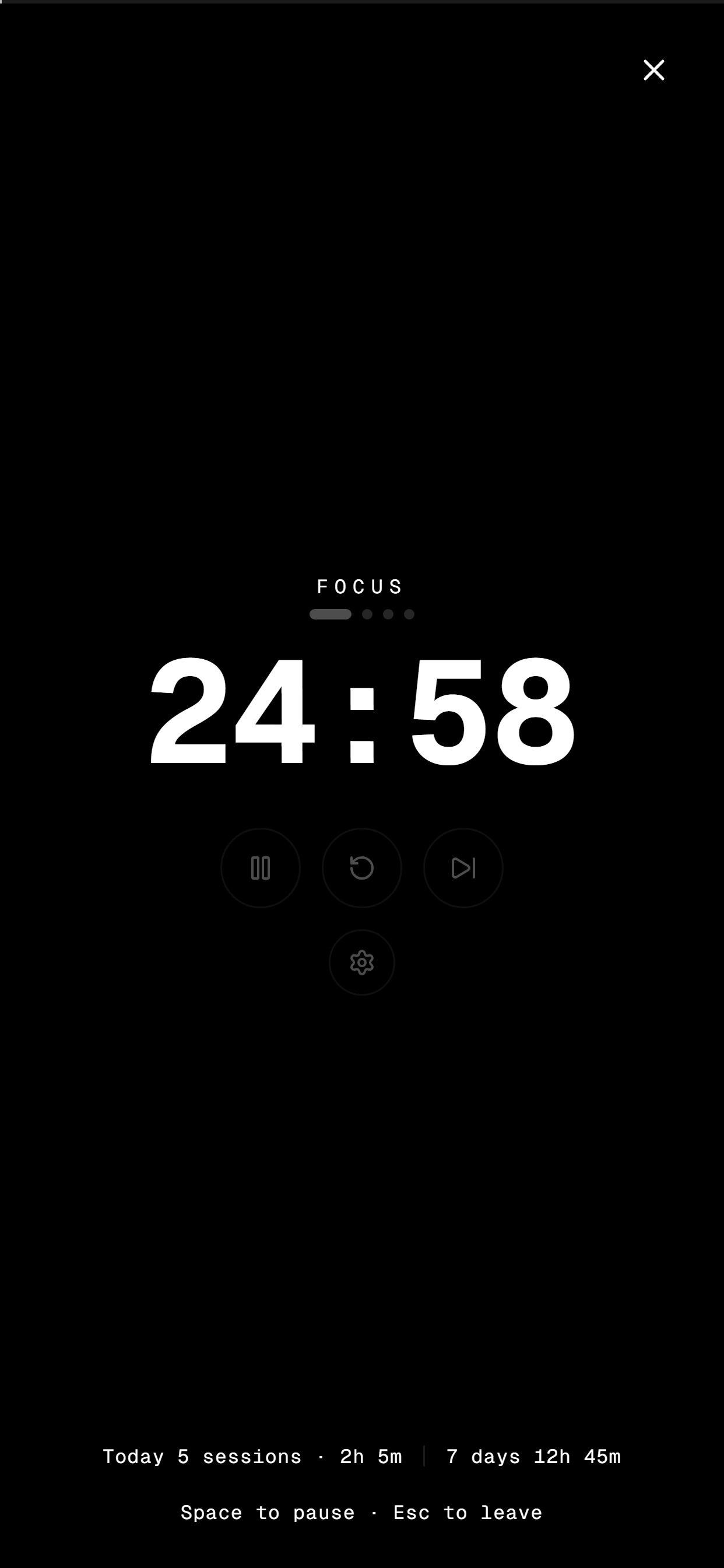 Zen mode on a phone: a large focus countdown on black.