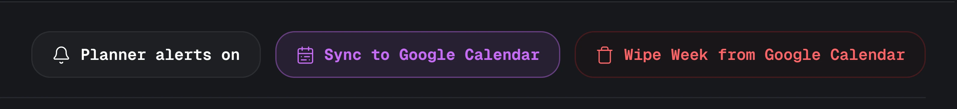 The planner action bar: planner alerts on, sync to Google Calendar, and wipe week from Google Calendar.