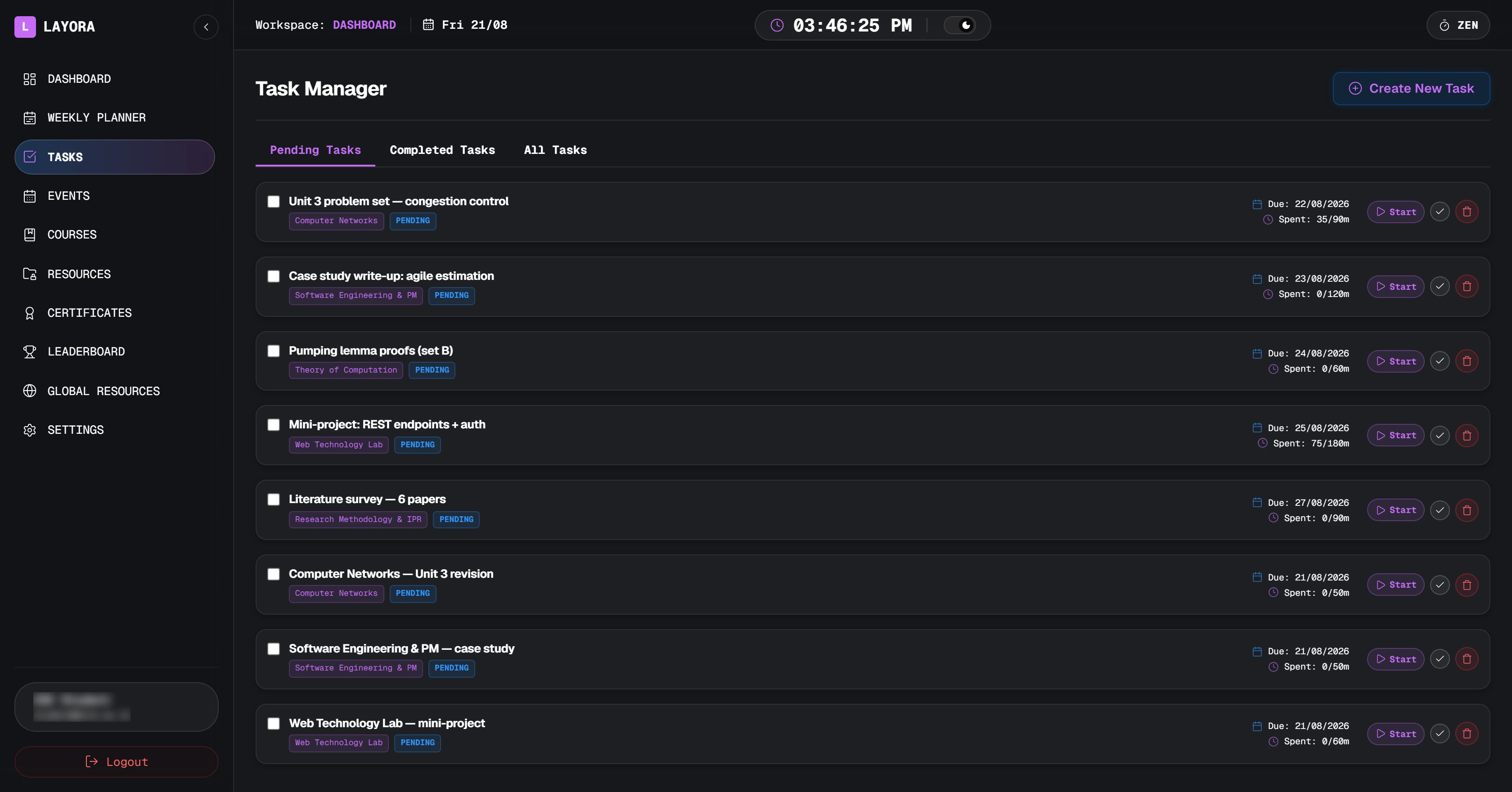 The tasks page showing pending, in-progress and completed work with estimates and logged minutes.