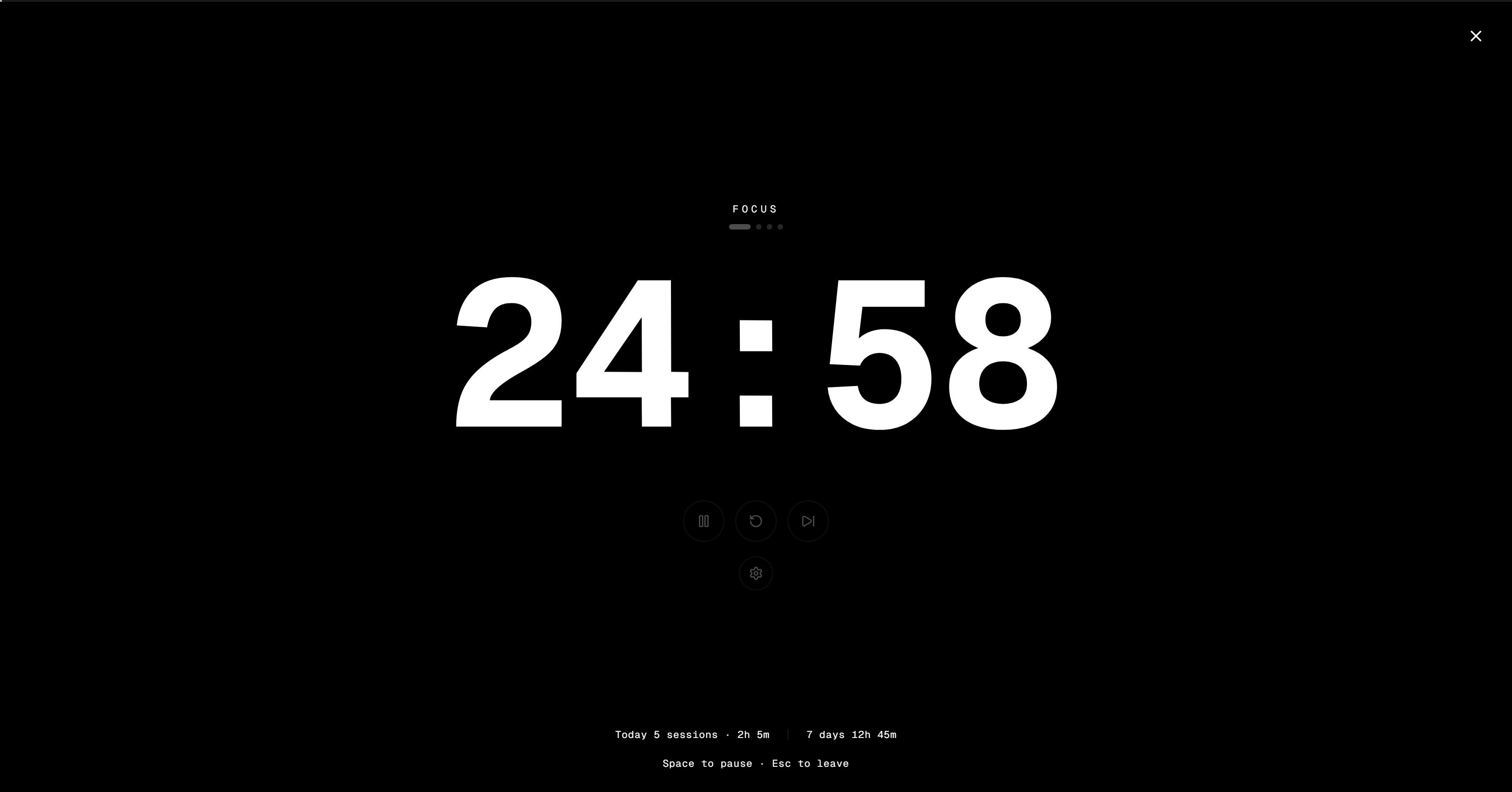 Zen mode: a black screen with a large 24:58 focus countdown and pause, restart and skip controls.